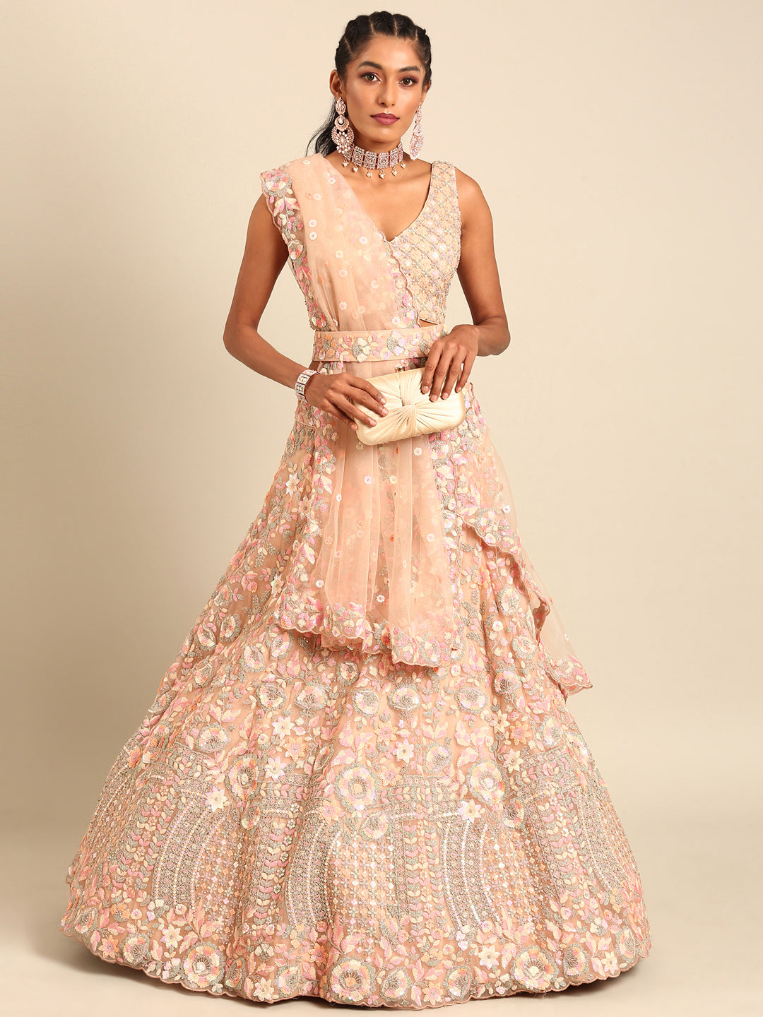 House of Panchhi Peach Net Multi Sequins with heavy Zarkan embroidery Lehenga choli & Dupatta