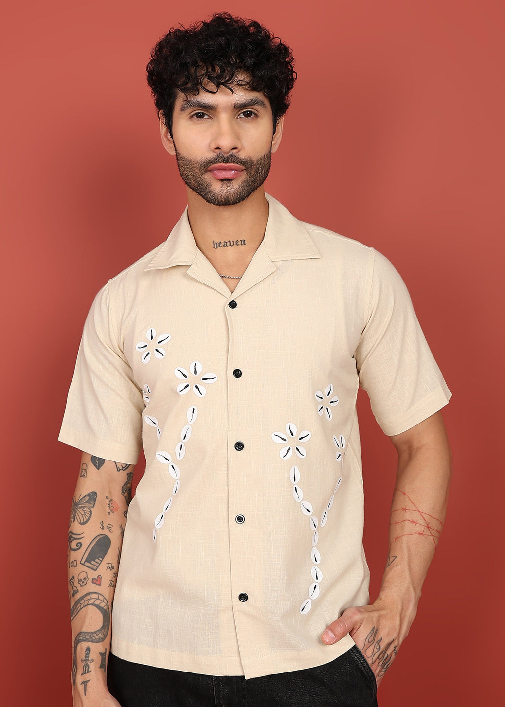 Fabmade Men’S Beige Linen Embroidered Resort Shirt