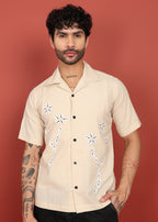 Fabmade Men’S Beige Linen Embroidered Resort Shirt