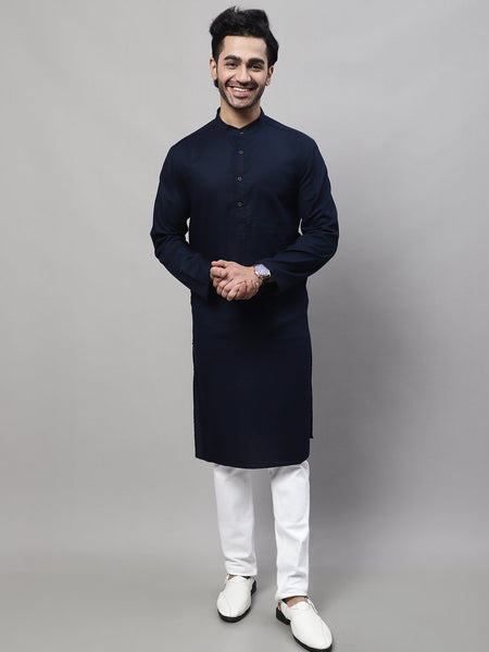 Even Apparels Blue Pure Cotton Kurta With Band Collar