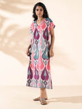 trueBrowns Green Cotton Ikat Slit Dress - Distacart