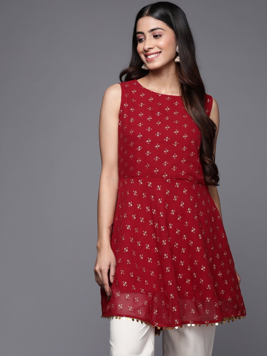 Ahalyaa Boat Neck Printed Embellished Tunic