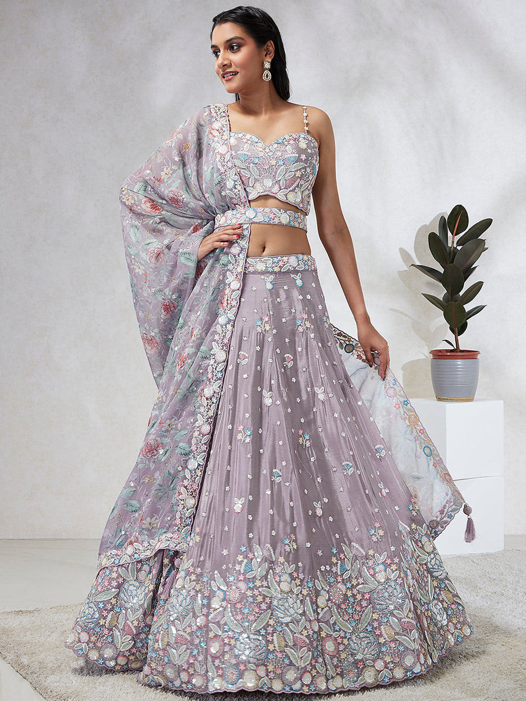 House of Panchhi Mauve Chiffon Sequins And Thread Embroidery Lehenga Choli & Dupatta