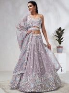 House of Panchhi Mauve Chiffon Sequins And Thread Embroidery Lehenga Choli & Dupatta