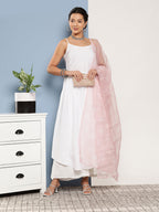 InWeave Women's Cream Strappy With Pink White Chintz Organza Dupatta