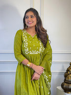The52 Women's Gorgeous Chinon Embroidery Straight Kurta with Pant And Dupatta Set - Distacart