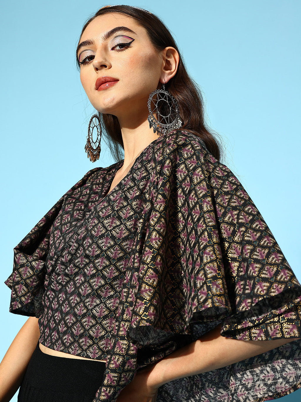 InWeave Women's Black Foil Print Bell Sleeves Top
