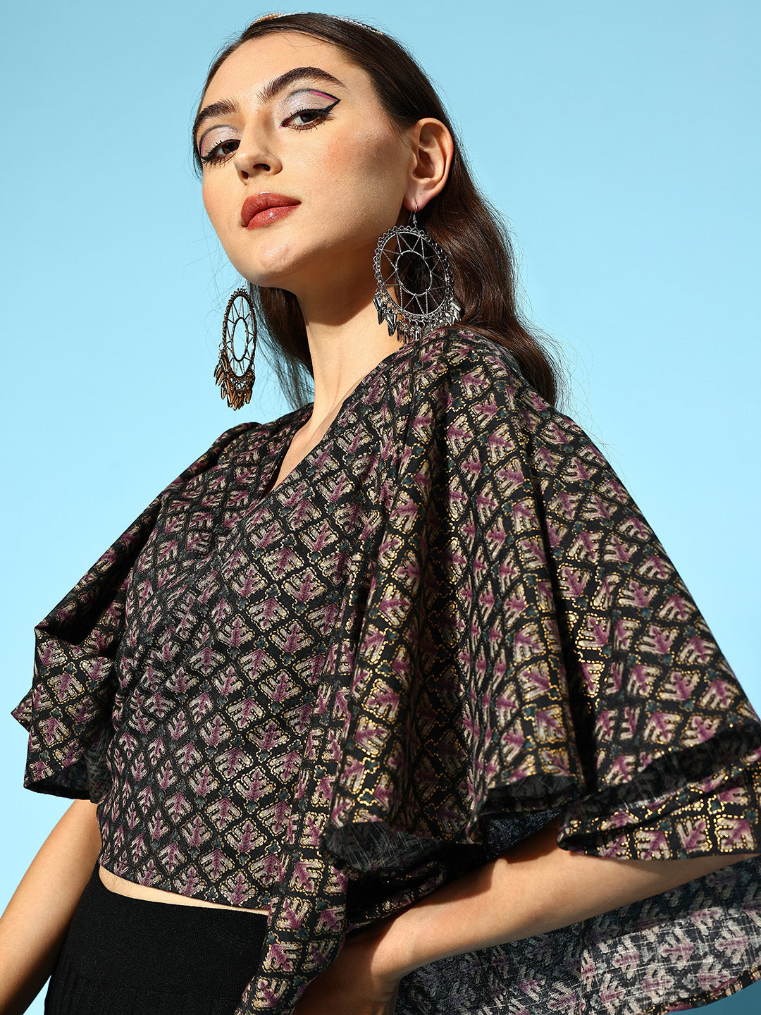 InWeave Women's Black Foil Print Bell Sleeves Top