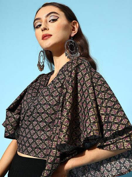 InWeave Women's Black Foil Print Bell Sleeves Top