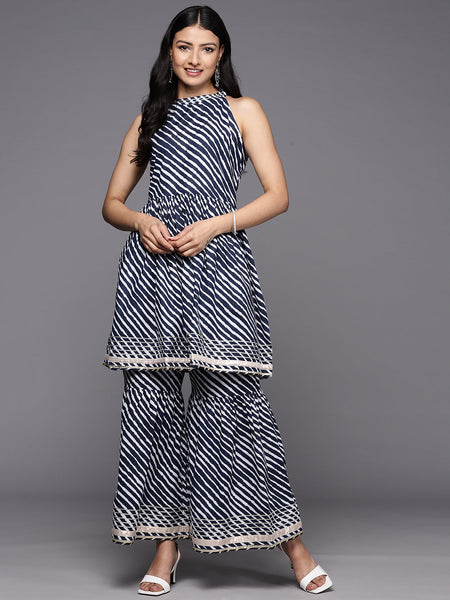 KSUT (House of Varanga) Blue And White Leheriya Halter Neckline Gota Work Kurta With Sharara