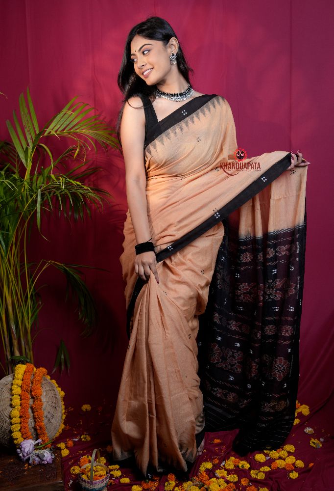 khanduapata Beige & Black Dot Design Cotton Saree For Women - Distacart
