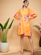 InWeave Women's Haldi Yellow Pink Mauve Flower Belted Dress - Distacart