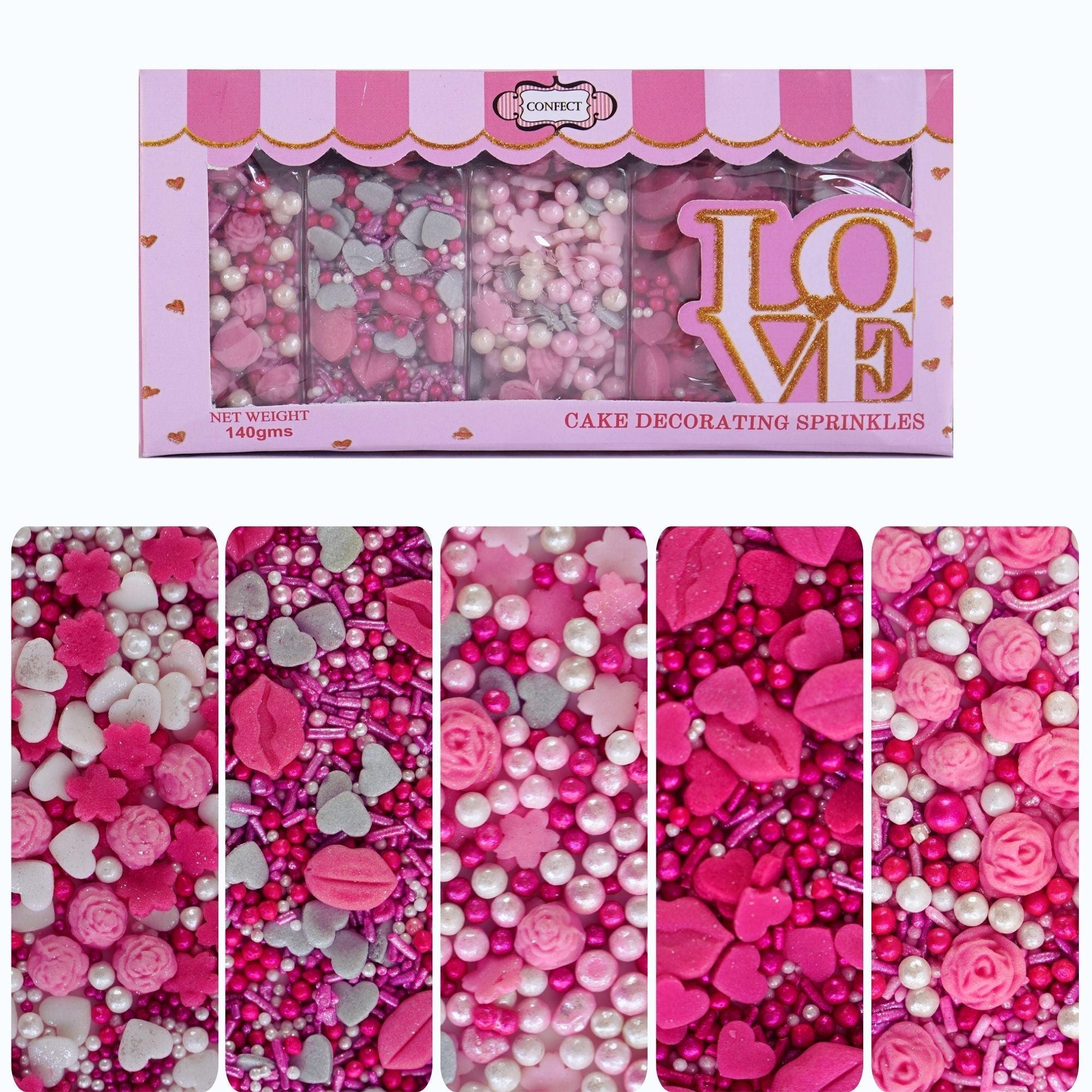 confect pink mini roses lips i silver hearts vermicelli and white pearls sprinkles for baking cake decorative mix pack of 5