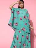 InWeave Women's Blue Floral Print Pleated Kaftan Top