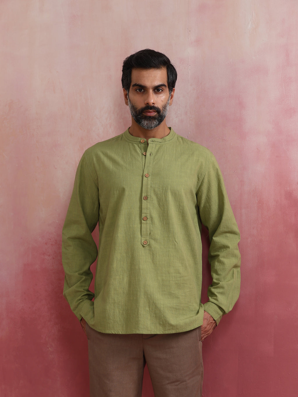 trueBrowns Men's Pista Green Cotton Mandarin Collar Stylized Kurta