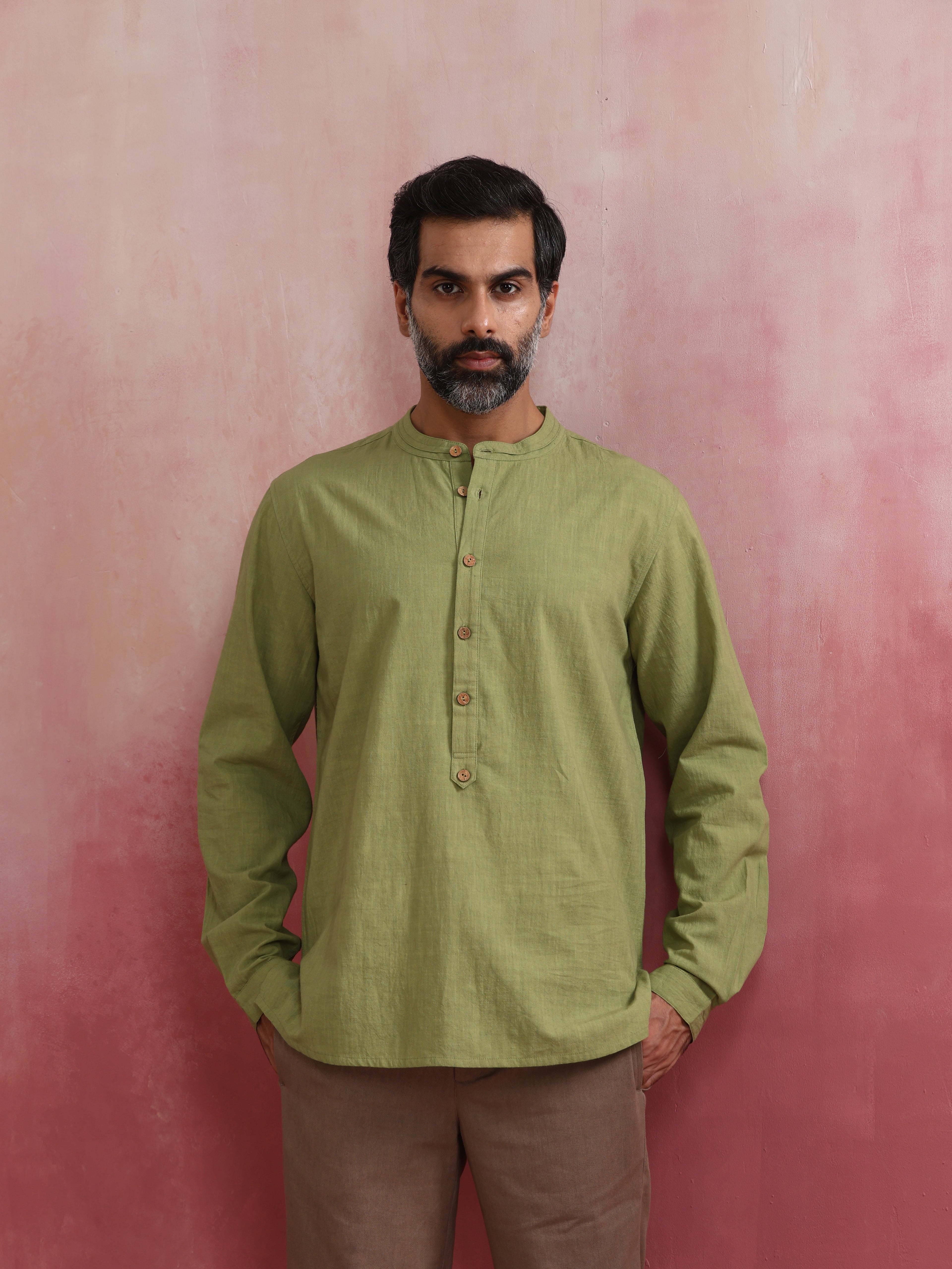 trueBrowns Men's Pista Green Cotton Mandarin Collar Stylized Kurta