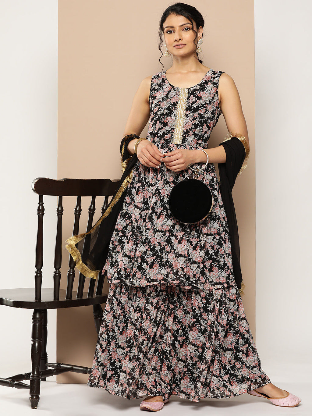 KSUT (House of Varanga) Black Printed Anarkali Kurta Paired With Sharara And Plain Tonal Dupatta