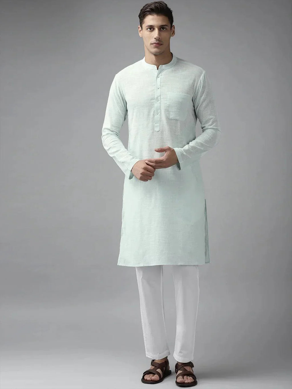 Fabmade Men Sky Blue Cotton Linen Straight Kurta