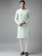 Fabmade Men Sky Blue Cotton Linen Straight Kurta