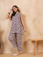 InWeave Purple White Moroccan Print Round Neck Kurta Set