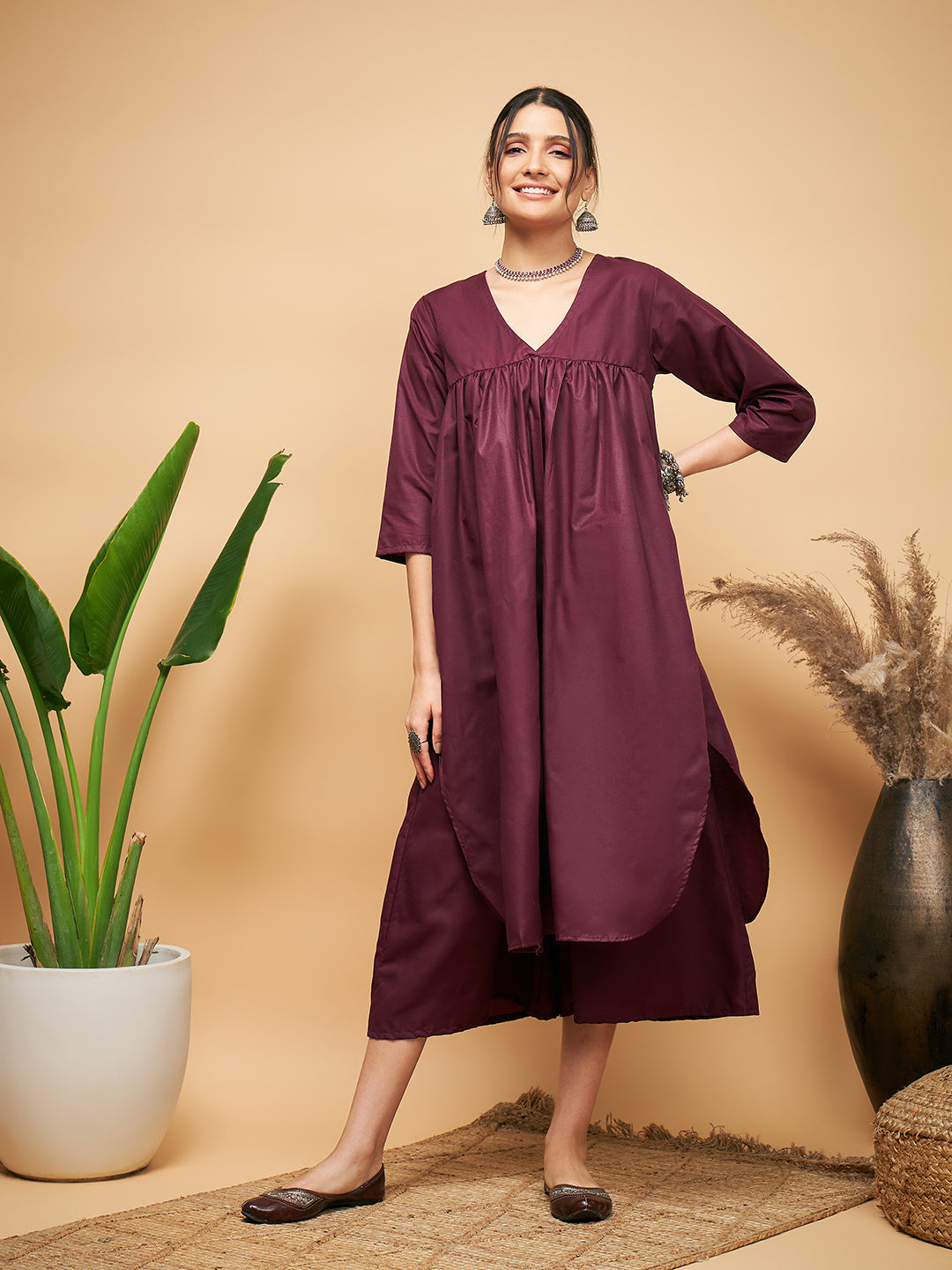 InWeave Women's Wine Solid Flared Kurta Palazzo Set