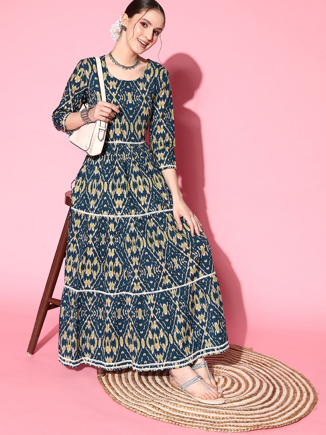 InWeave Women's Blue Ikkat Print Tiered Dress With Lace - Distacart