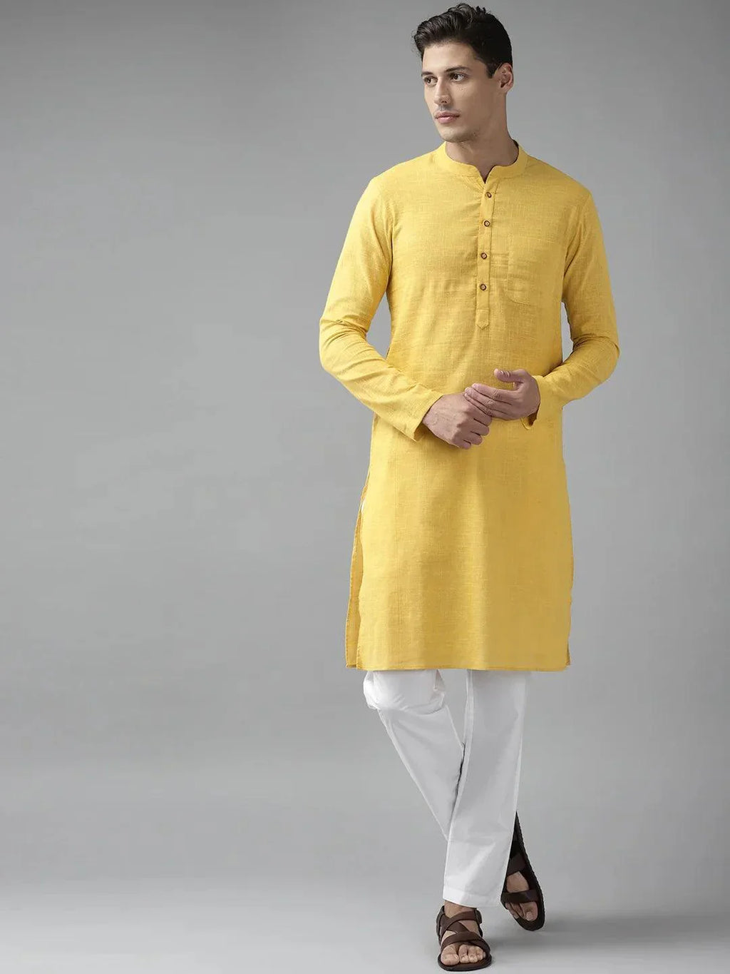 Fabmade Men Yellow Cotton Linen Kurta