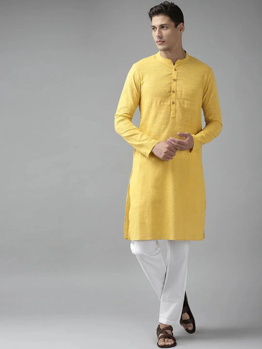 Fabmade Men Yellow Cotton Linen Kurta