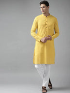 Fabmade Men Yellow Cotton Linen Kurta