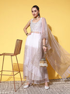 Ahalyaa White & Gold-Toned Printed Ready to Wear Lehenga & Blouse With Dupatta