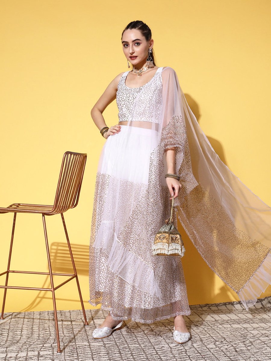 Ahalyaa White & Gold-Toned Printed Ready to Wear Lehenga & Blouse With Dupatta