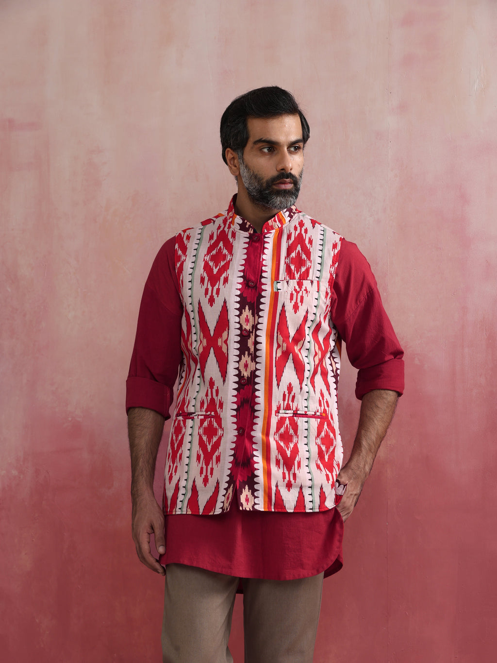 trueBrowns Men's Maroon Ikat Print Cotton Reversible Nehru Jacket