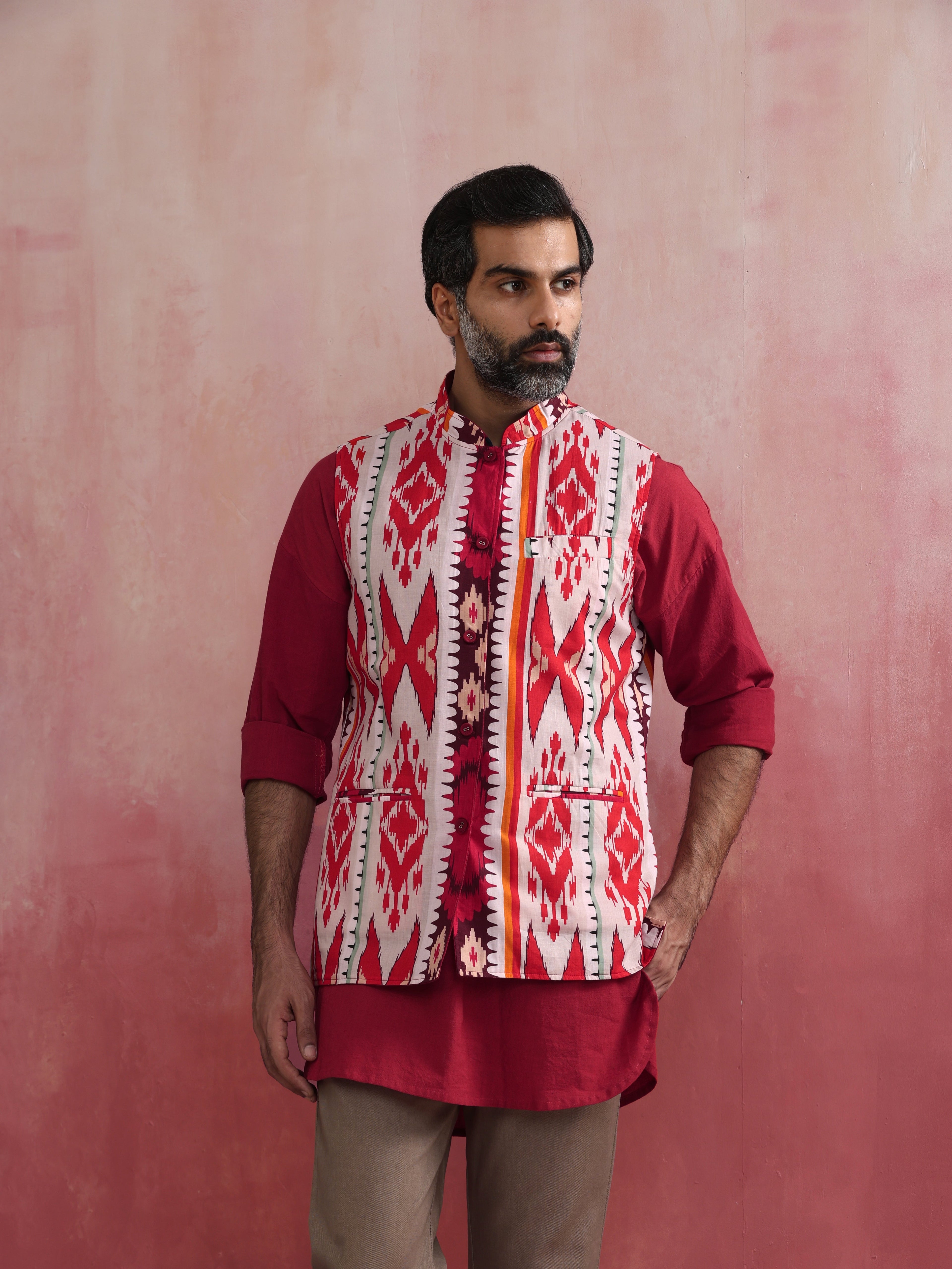 trueBrowns Men's Maroon Ikat Print Cotton Reversible Nehru Jacket