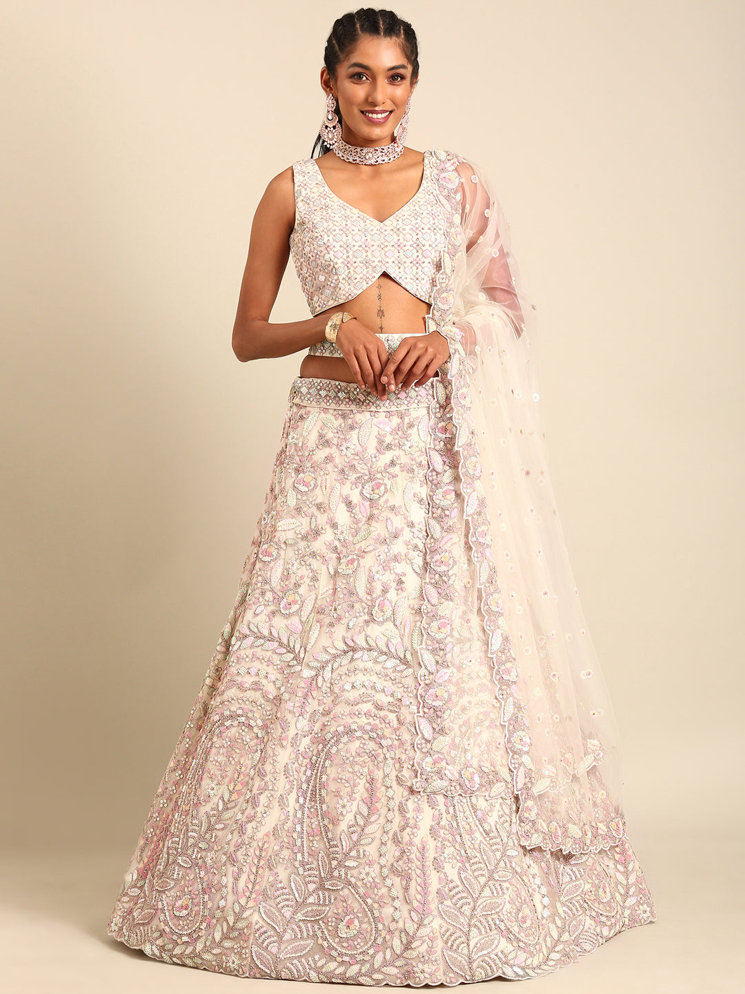 House of Panchhi Cream Net Multi Sequins with heavy Zarkan embroidery Lehenga choli & Dupatta