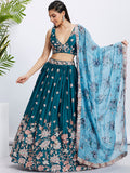 House of Panchhi Olive Pure Georgette Sequins And Thread Embroidery Lehenga Choli & Dupatta
