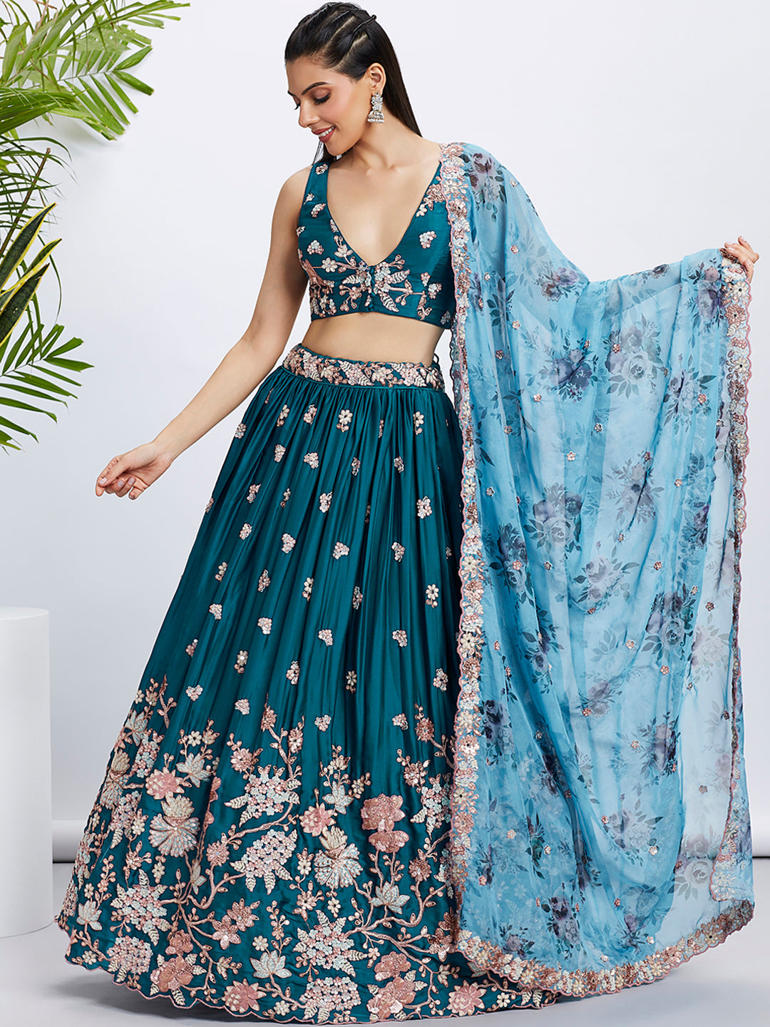 House of Panchhi Olive Pure Georgette Sequins And Thread Embroidery Lehenga Choli & Dupatta