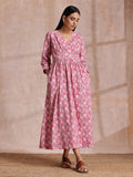 trueBrowns Pink Overall Floral Block Print Cotton Wrap Dress - Distacart