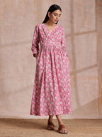 trueBrowns Pink Overall Floral Block Print Cotton Wrap Dress - Distacart