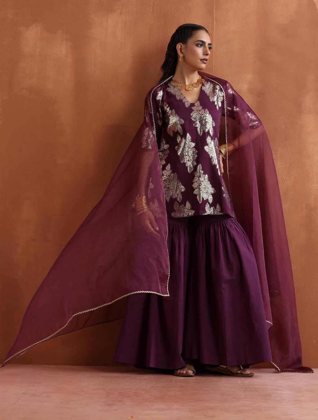 trueBrowns Purple Metallic Sharara Dupatta Set - Distacart