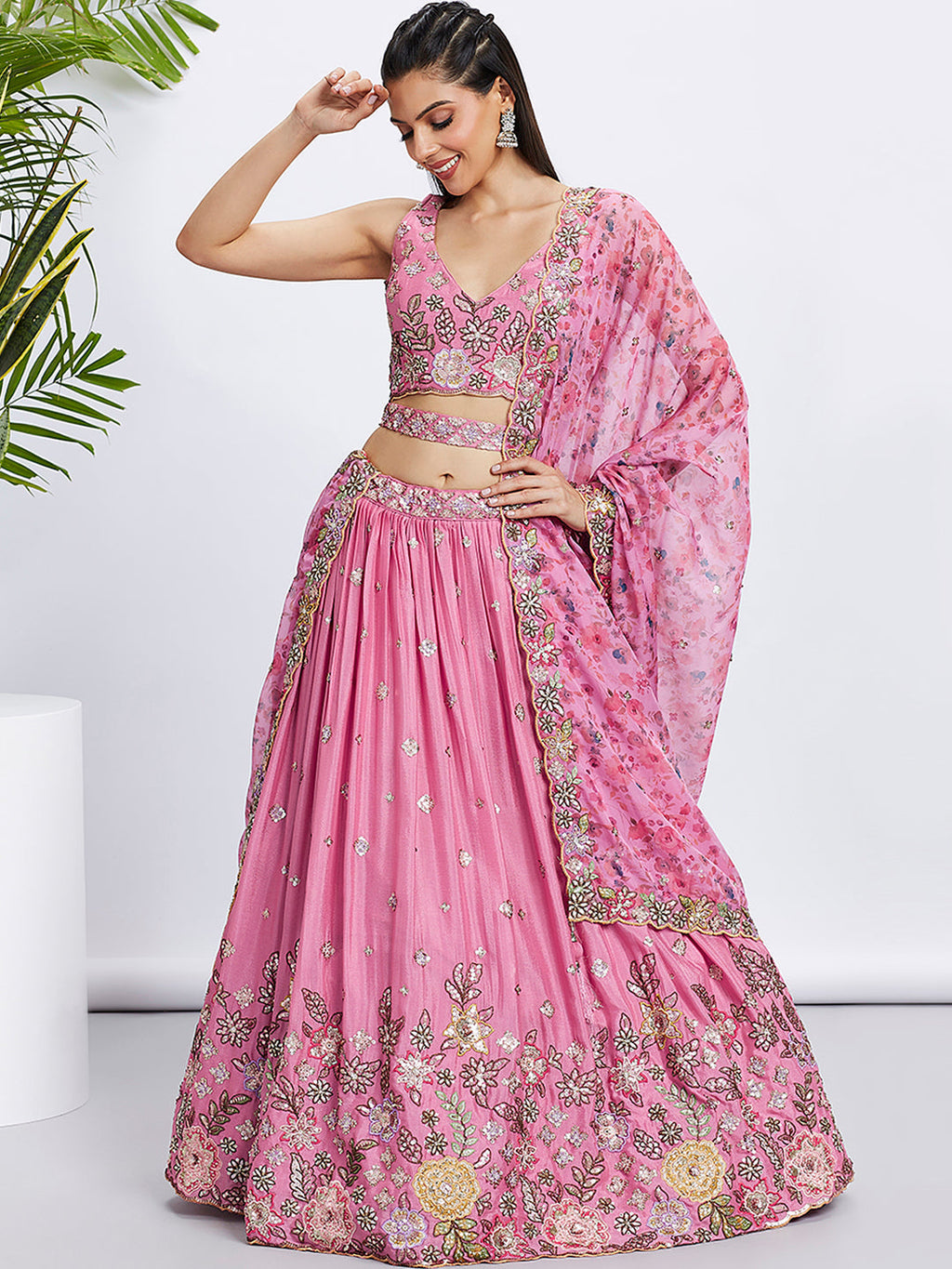 House of Panchhi Lime Green Chiffon Sequins And Thread Embroidery Lehenga Choli & Dupatta