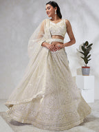 House of Panchhi Cream Net Cutdana, Sequins And Zarkan Embroidery Lehenga Choli & Dupatta