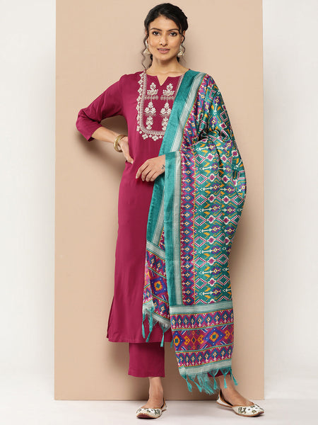 KSUT (House of Varanga) Magenta Kurta With Dori And Zari Embroidered Yoke Paired With Organza Dupatta And Straight Trouser
