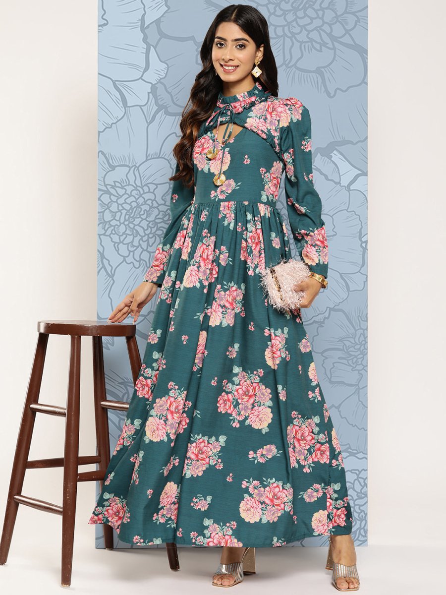 Ahalyaa Floral Print Puff Sleeves Tie-Up Neck Crepe Ethnic Gown With Cut-Out Detail - Distacart
