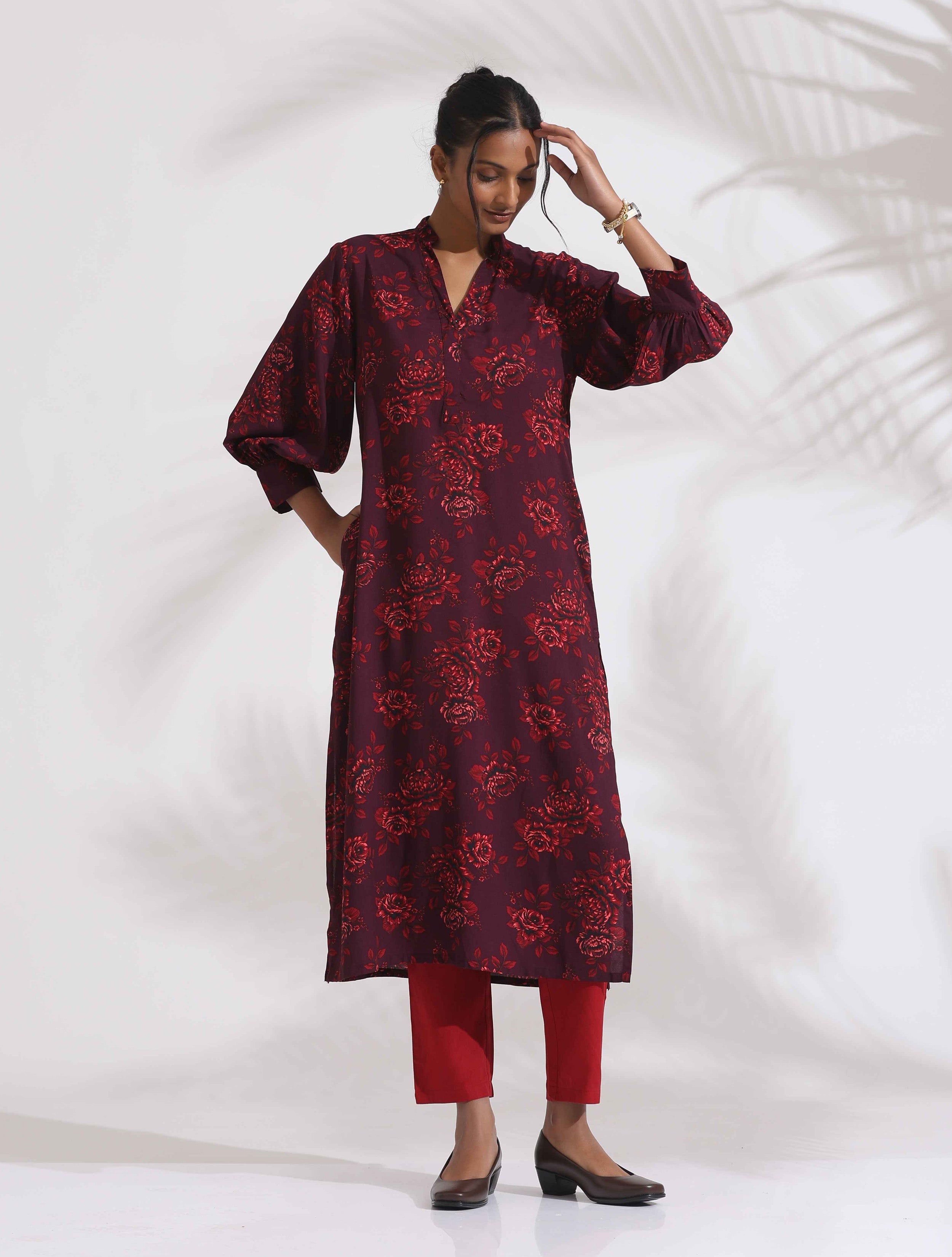 trueBrowns Purple Floral Print Kurta Set - Distacart
