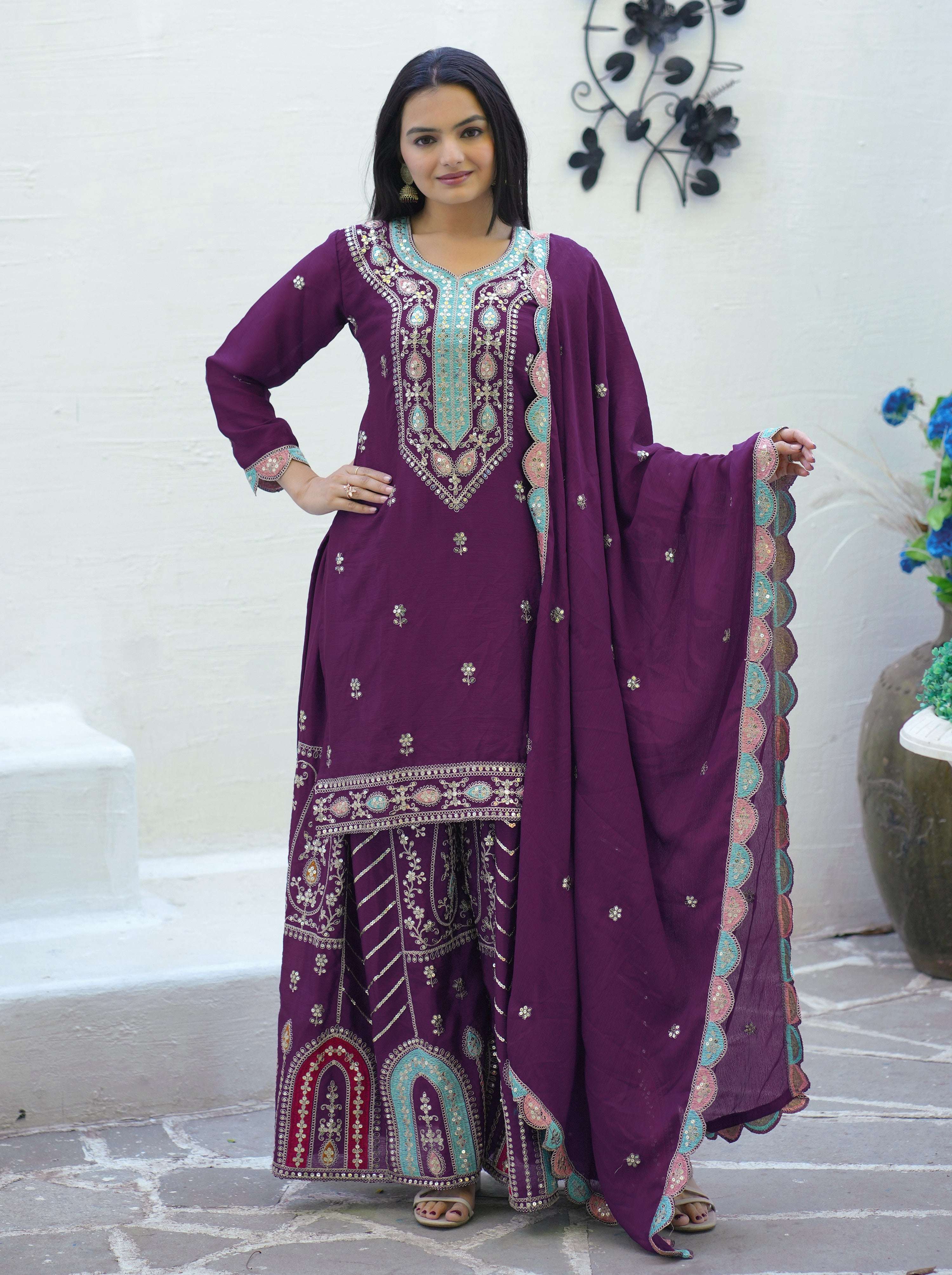 Yash Enterprise New Designer Embroidered Chinon With Sequence Maroon Readymade Salwar Suit - Distacart