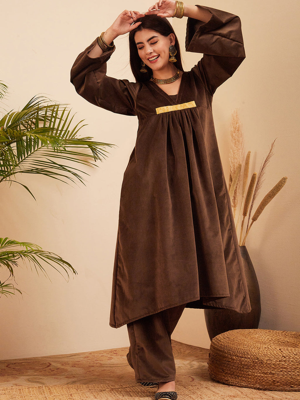 InWeave Women's Brown V Neck Asymmetrical Pleated Velvet Kurta Set