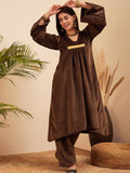 InWeave Women's Brown V Neck Asymmetrical Pleated Velvet Kurta Set