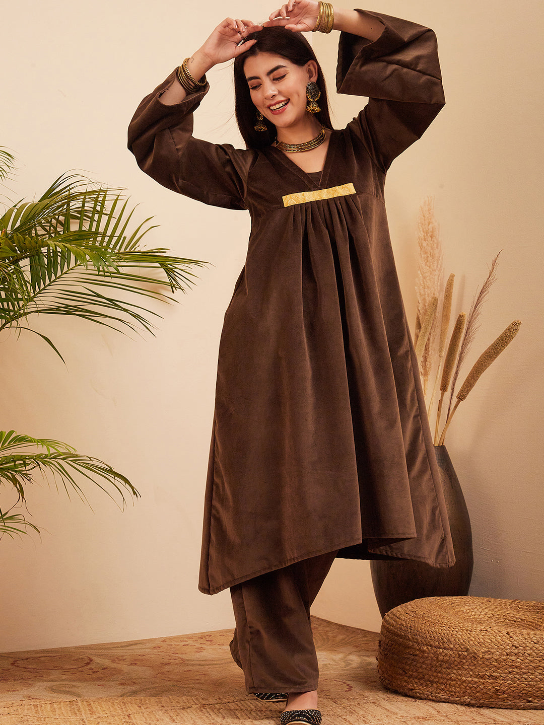 InWeave Women's Brown V Neck Asymmetrical Pleated Velvet Kurta Set