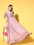 Ahalyaa Chanderi Cold-Shoulders Printed Maxi Ethnic Dress - Distacart
