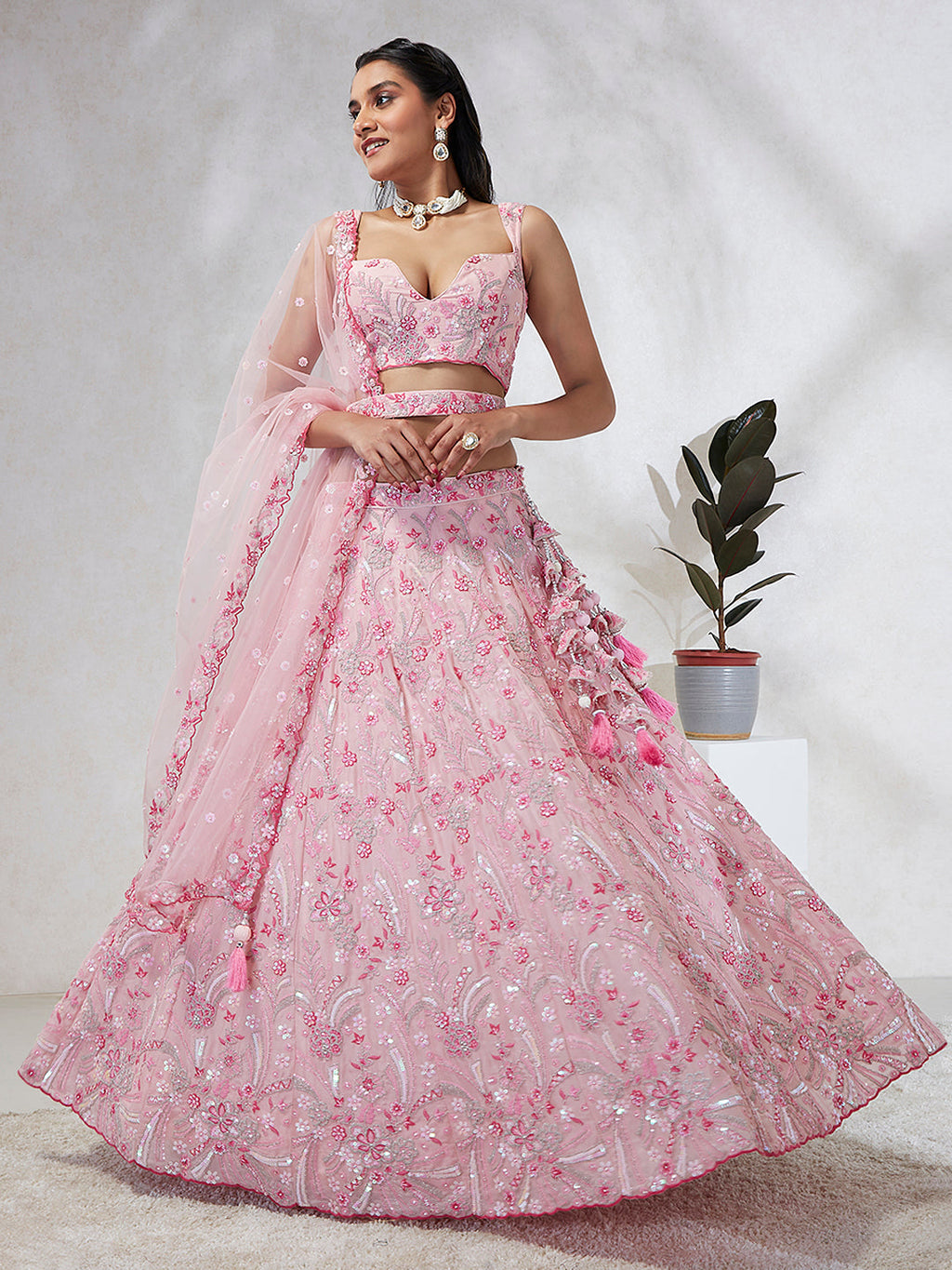 House of Panchhi Pink Georgette Sequins And Thread Embroidery Lehenga Choli & Dupatta